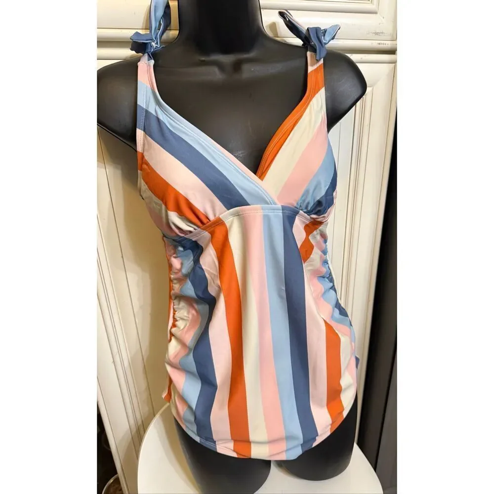 Isabel Maternity Womens Striped Tie Shoulder One Piece Swimsuit Multicolor Small